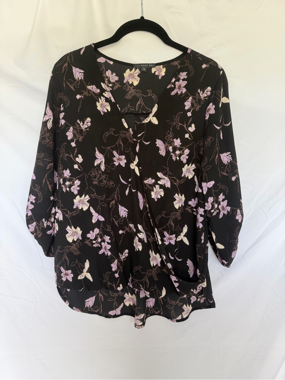 West Kei Black Floral Wrap-Detail Work Blouse with Lilac Flowers